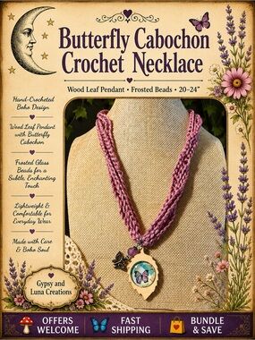 Handmade Butterfly Cabochon Crochet Necklace Wooden Leaf Boho 20–24”
